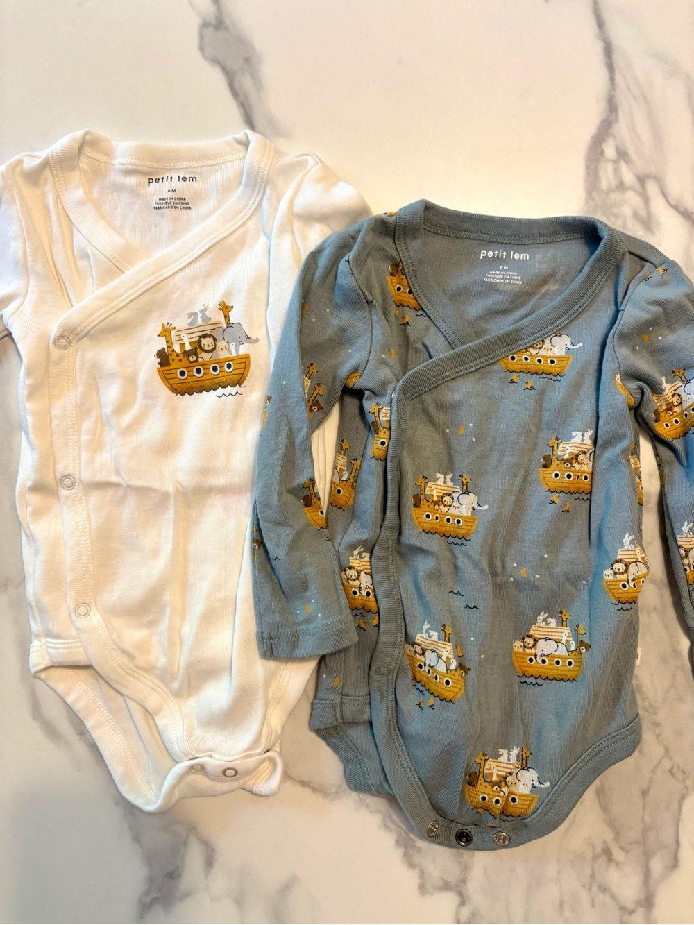 Petit Lem White and Blue Nautical Ark Print Wrap-Front Bodysuits
